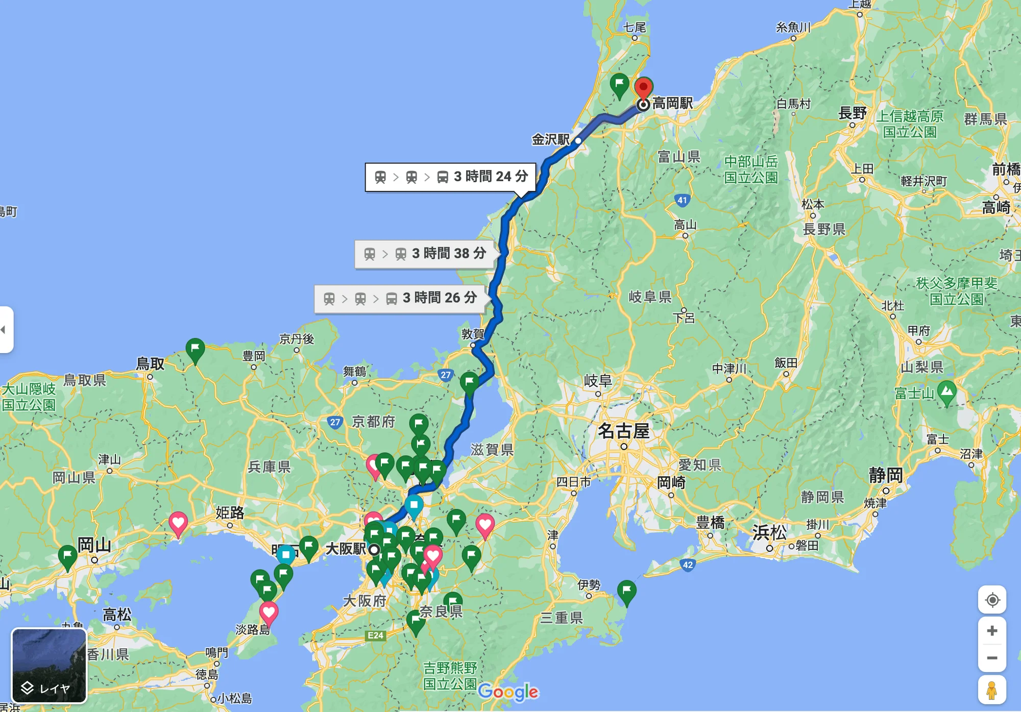 大阪駅→高岡駅 マップ画像